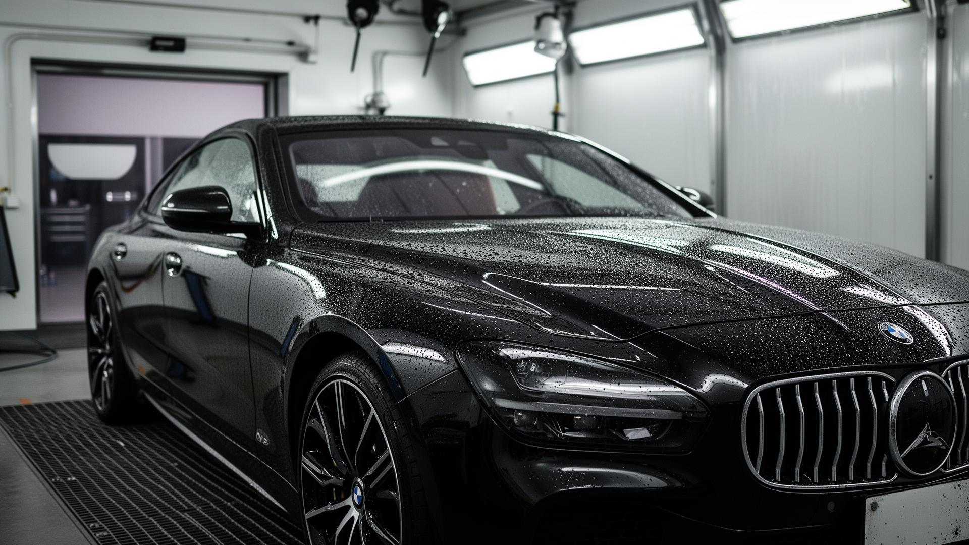 Freshly ceramic-coated black sports car with water beading on the paint